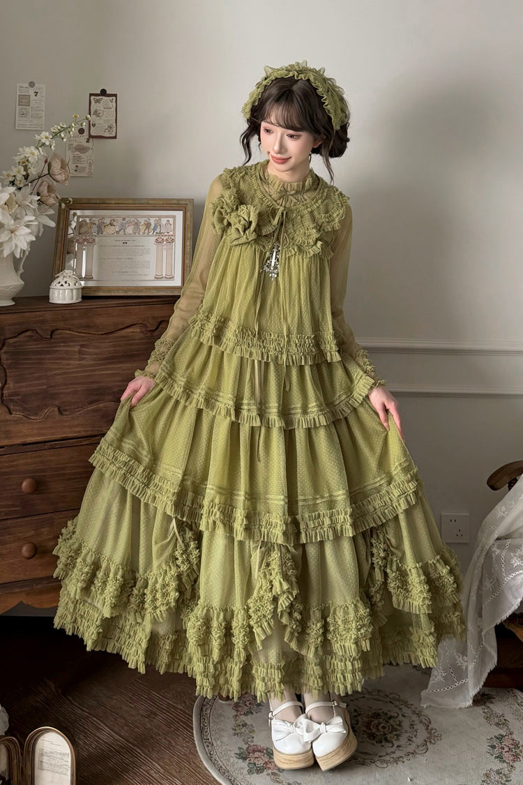 Sweet Stand Collar Long Sleeve Multi Layer Ruffle Color Block Lolita Tiered Dress 14 Colors