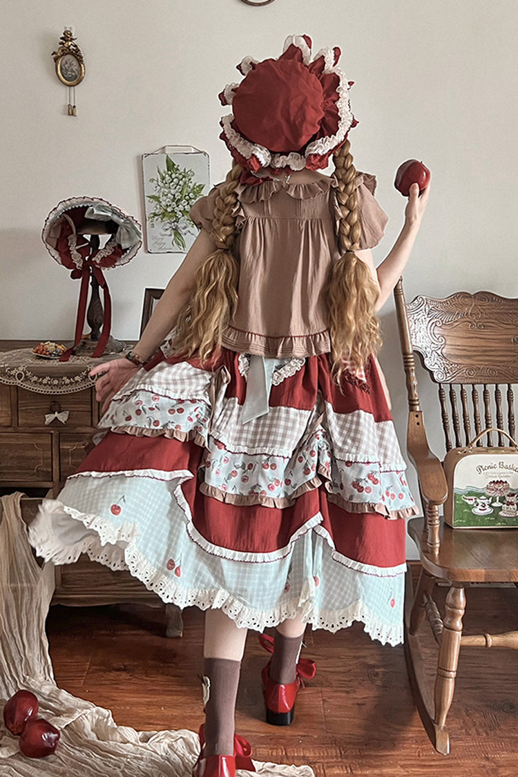 Cherry Pattern Short-Sleeved Ruffled Embroidered Layered Dress