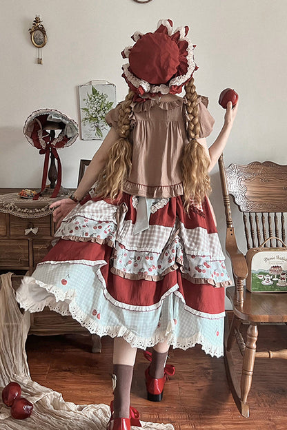 Cherry Pattern Short-Sleeved Ruffled Embroidered Layered Dress