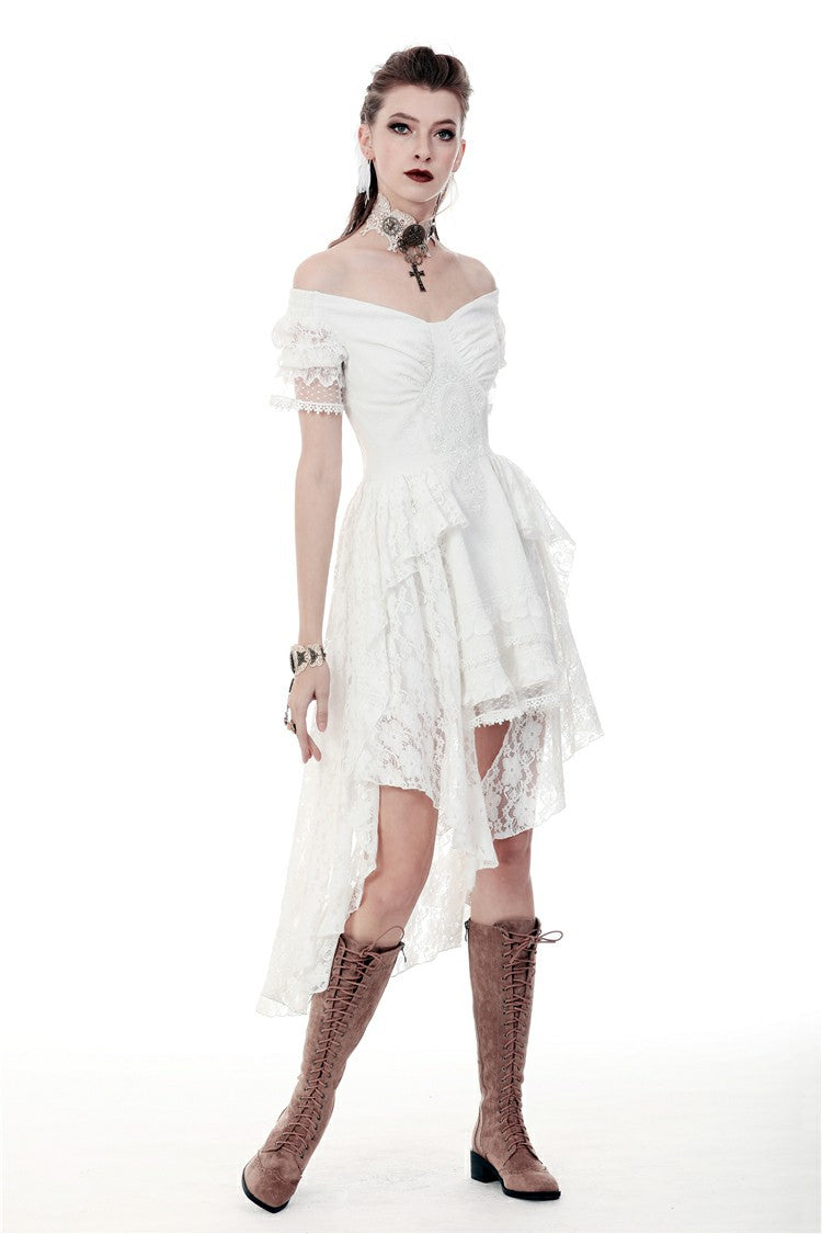Ivory Off-Shoulder Lace Short Sleeve Steampunk Wedding Dress