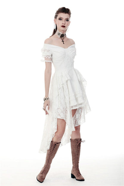 Ivory Off-Shoulder Lace Short Sleeve Steampunk Wedding Dress