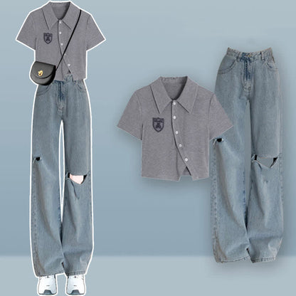 Set Pants T-Shirt Denim Polo Embroidery Ripped