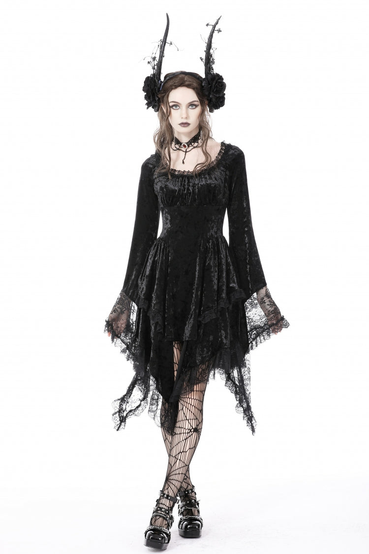 Long Trumpet Sleeve Lace Spliced Black Gothic Velvet Dress