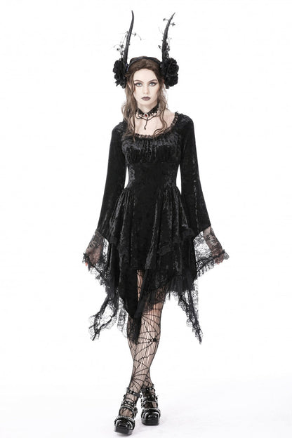 Long Trumpet Sleeve Lace Spliced Black Gothic Velvet Dress