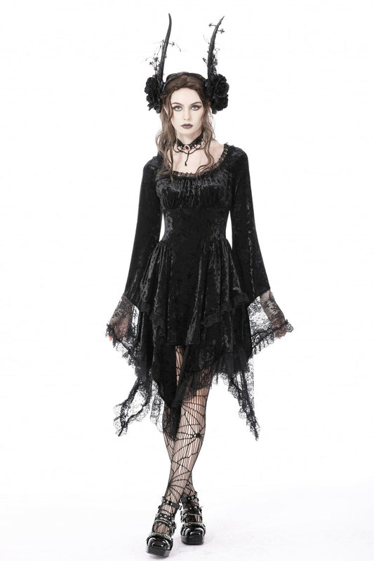 Long Trumpet Sleeve Lace Spliced Black Gothic Velvet Dress