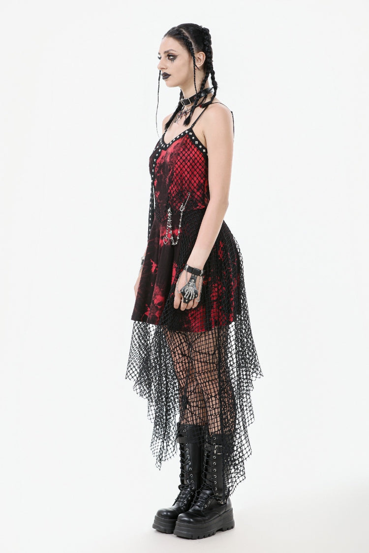 Scarlet Sleeveless Mesh Hem Asymmetrical Tie-Dyed Slip Dress
