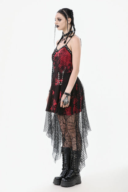 Scarlet Sleeveless Mesh Hem Asymmetrical Tie-Dyed Slip Dress