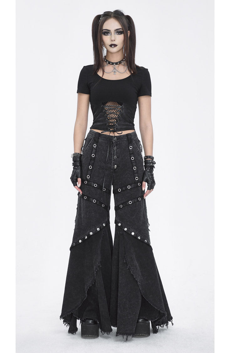 Flared Punk Pants with Ruffled Hem and Eyelet Details