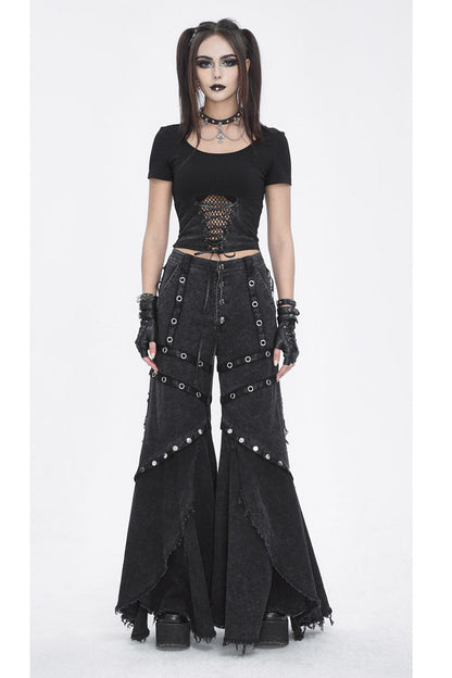 Flared Punk Pants with Ruffled Hem and Eyelet Details
