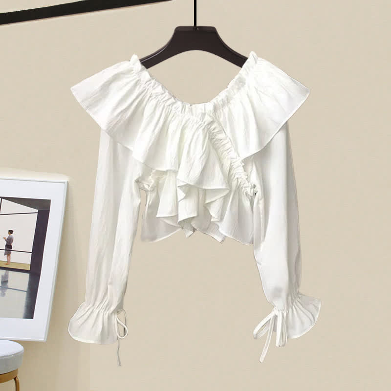 Cross Top Skirt Set Ruffled Crop Denim Fishtail