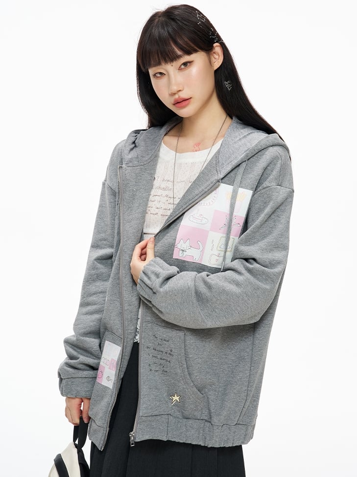 Grey Cartoon Print Zip Hoodie