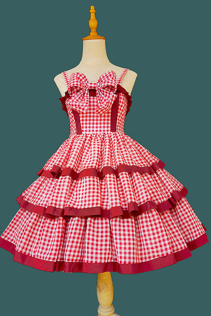 Scarlet Plaid Ruffle Bowknot Sweet Lolita Gown with Layered Design