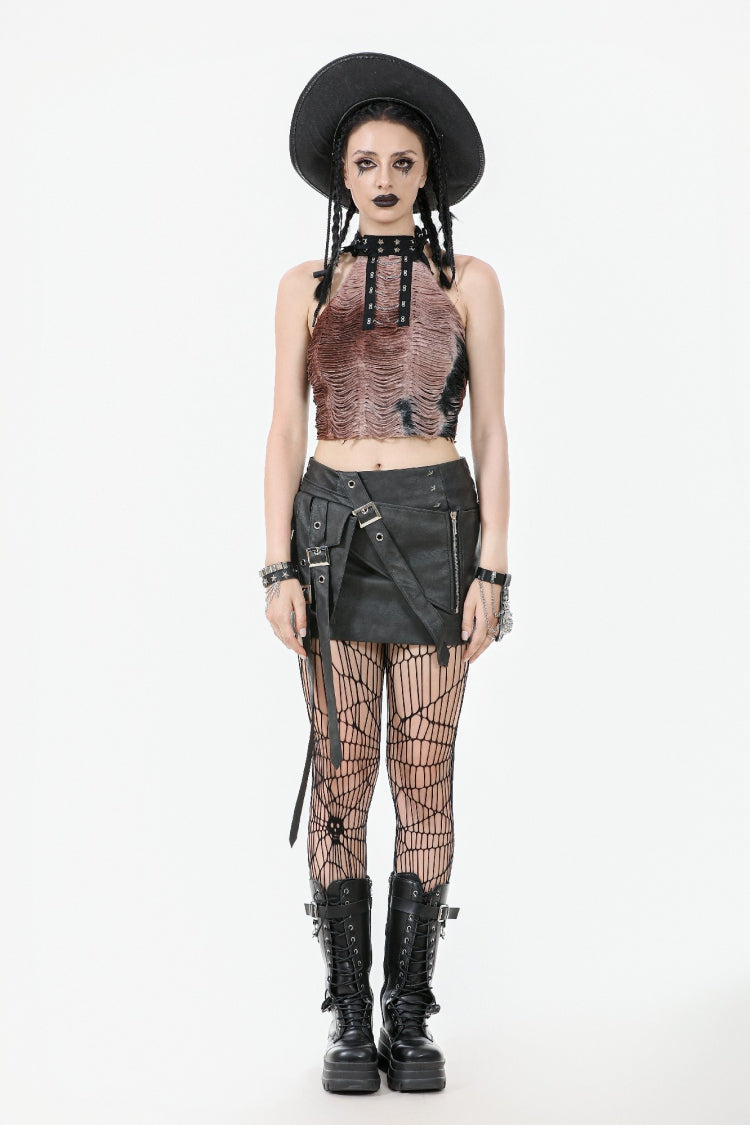 Punk Women's Short Skirt with Faux Leather Straps and Zippered Detail