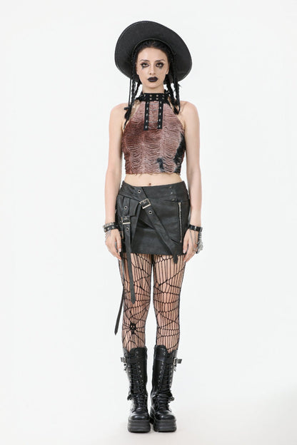 Punk Women's Short Skirt with Faux Leather Straps and Zippered Detail