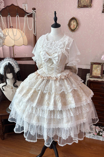 Moonlight Woven Flower Box Square Collar Layered Ruffled Embroidered Bow Lace Plus Size Lolita JSK Set in Yellow