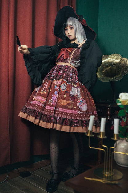 Brown Little Witch Sleeveless Print Ruffle Bowknot Sweet Elegant Lolita Jsk Dress