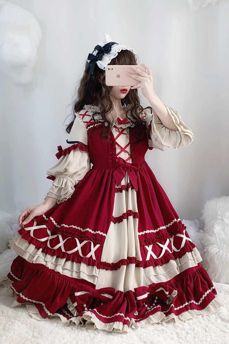 Wine Red Bow-Trim Long-Sleeved Ruffled Sweet Lolita OP Dress