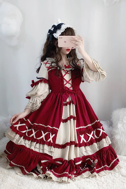 Wine Red Bow-Trim Long-Sleeved Ruffled Sweet Lolita OP Dress