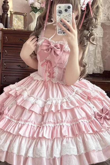 Pink Sleeveless Multi-Layered Ruffle Bowknot Lace-Up Sweet Lolita Tiered Dress