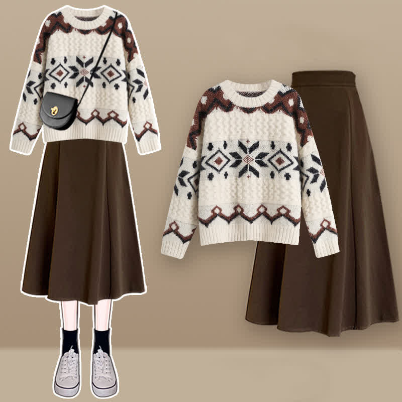 SweaterMidi Colorblock Round Collar Skirt