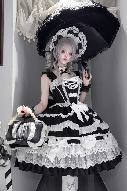 Black White Super Cute Belia Sleeveless Triple-Layered Ruffle Bowknot Lace Gothic Elegant Lolita Jsk Dress