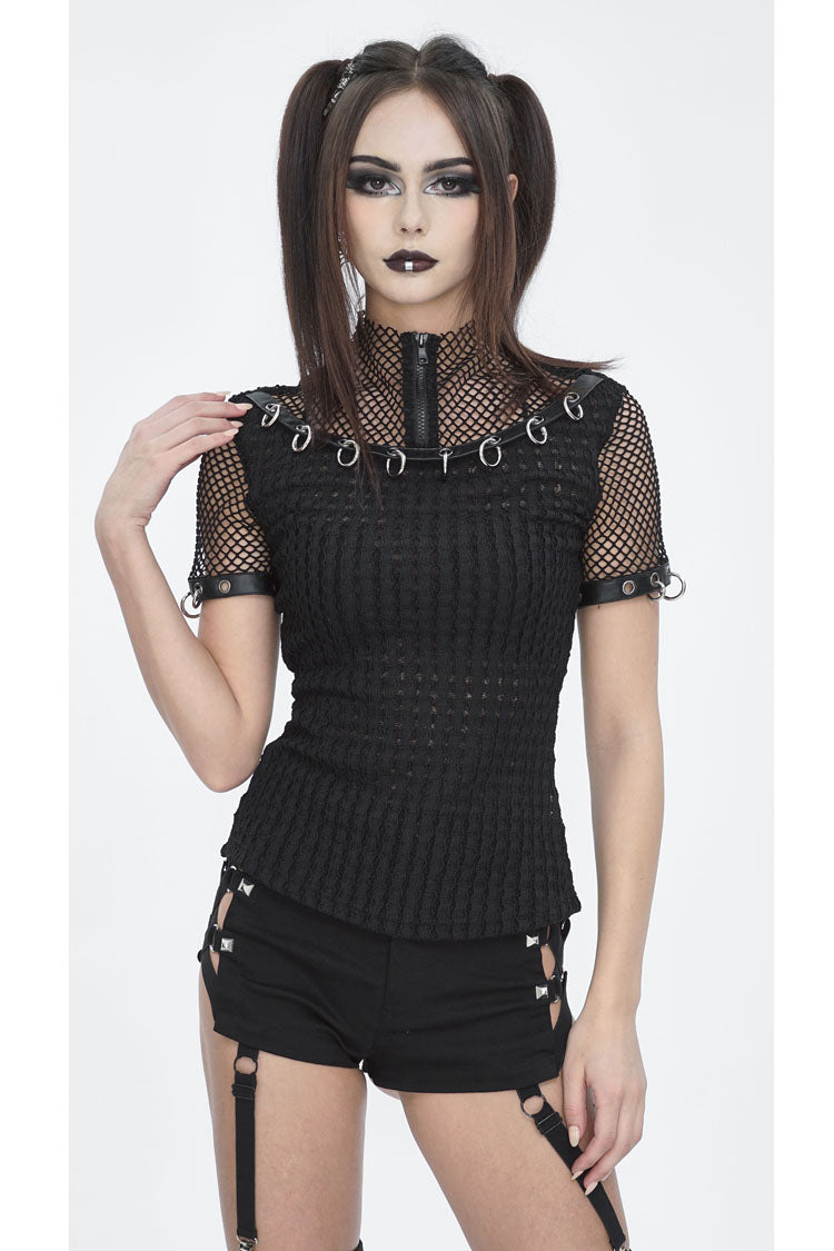 Punk Short-Sleeve Top with Mesh and Ring Embellishments