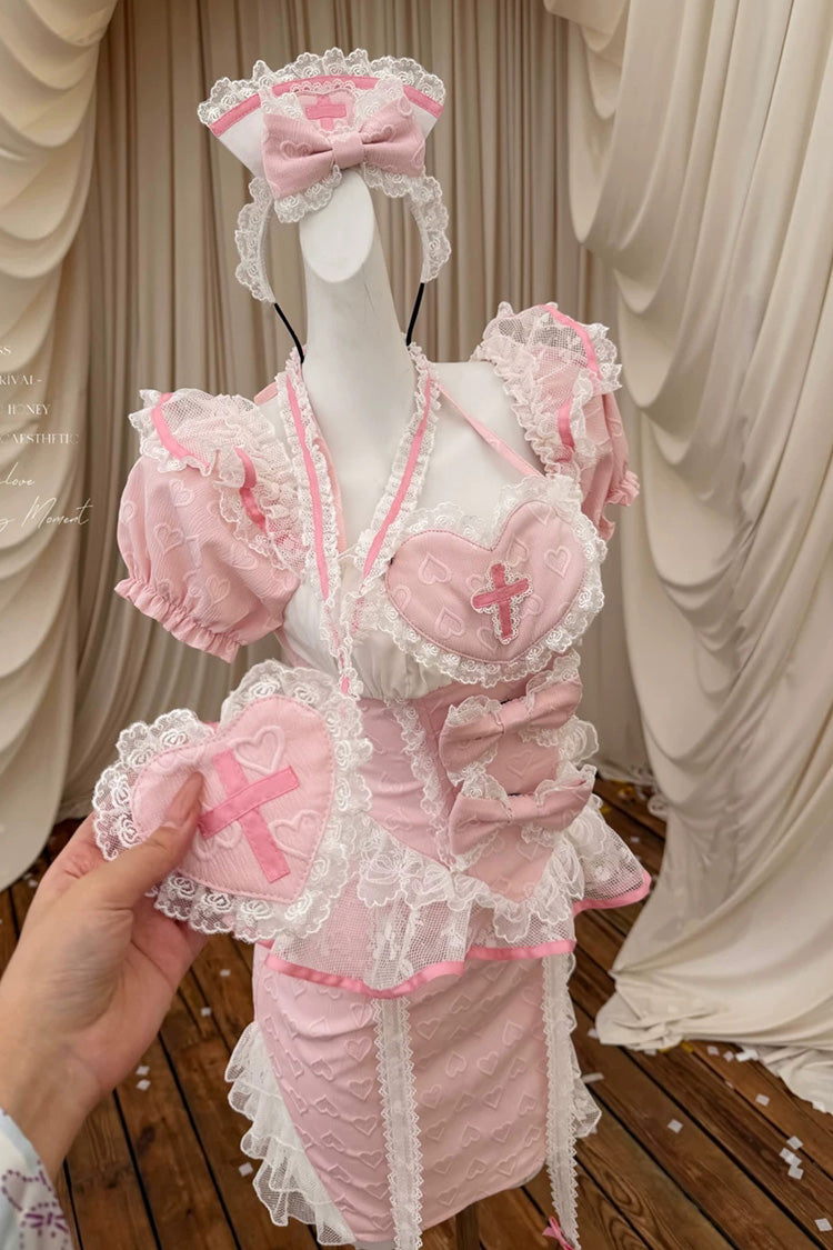 Rose Square Collar Short Sleeve Jacquard Ruffle Embroidered Bow Lace Chinese Sweet Lolita Two-Piece - Little Nurse