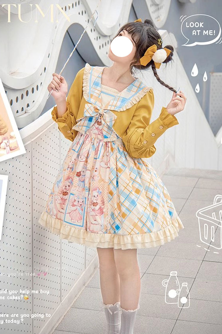 Cat Holiday Print Ruffle Bow Two-Piece Illusion Sweet Lolita Gown in Yellow Pink