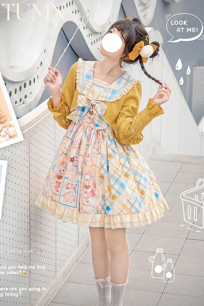 Cat Holiday Print Ruffle Bow Two-Piece Illusion Sweet Lolita Gown in Yellow Pink
