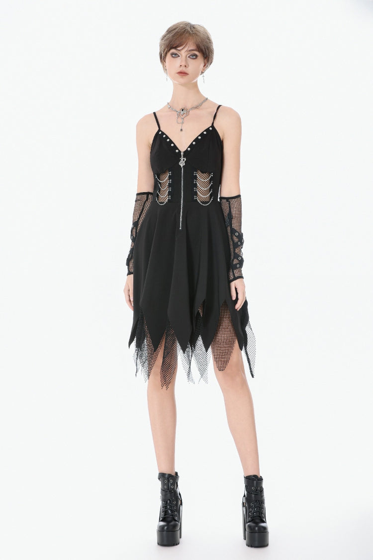 Studded Mesh Punk Slip Dress with Zippers