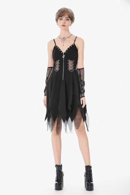 Studded Mesh Punk Slip Dress with Zippers