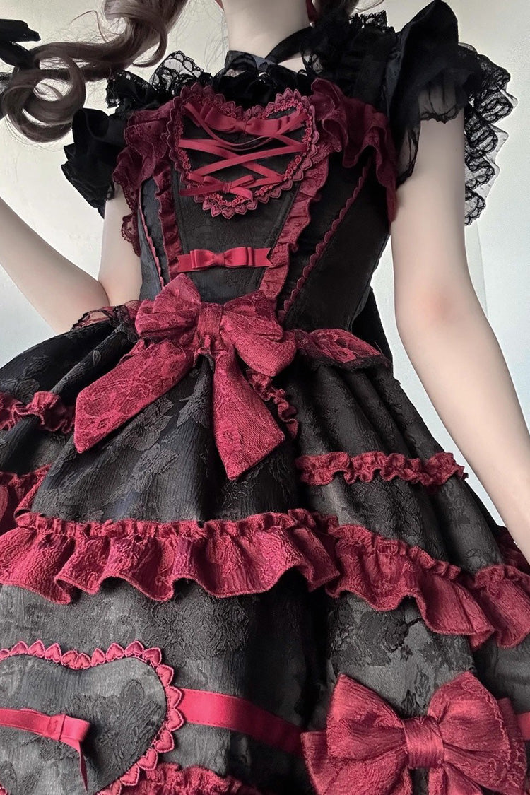 Elegant Gothic JSK Dress with Triple Ruffles and Bow - Noir