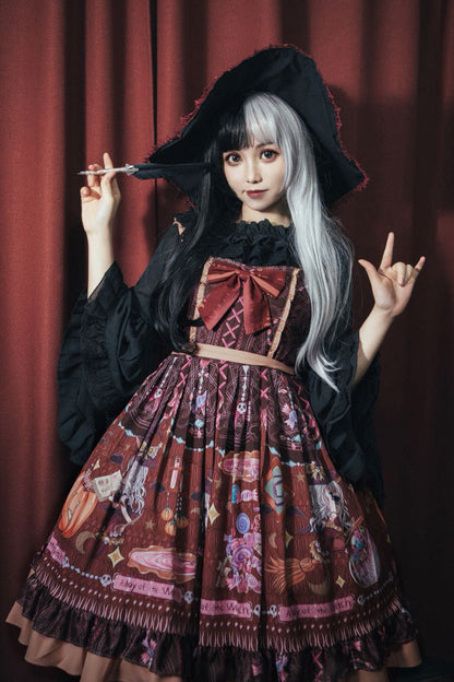 Brown Little Witch Sleeveless Print Ruffle Bowknot Sweet Elegant Lolita Jsk Dress