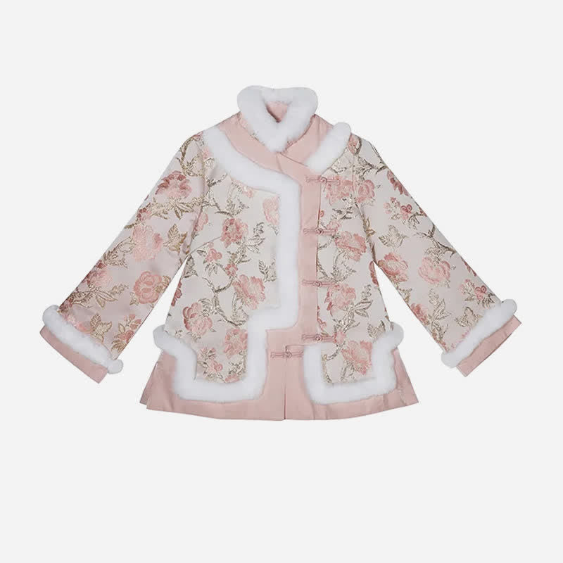 Manteau brodé de fleurs roses avec jupe plissée taille haute