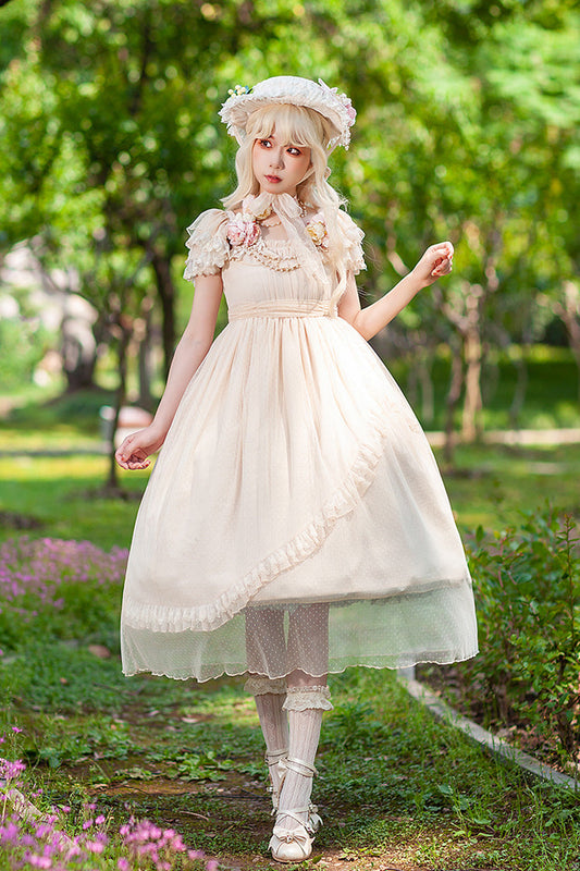 Apricot Polka Dot Asymmetric Ruffle Bow Lolita Dress - Moon goddess *Mediana*