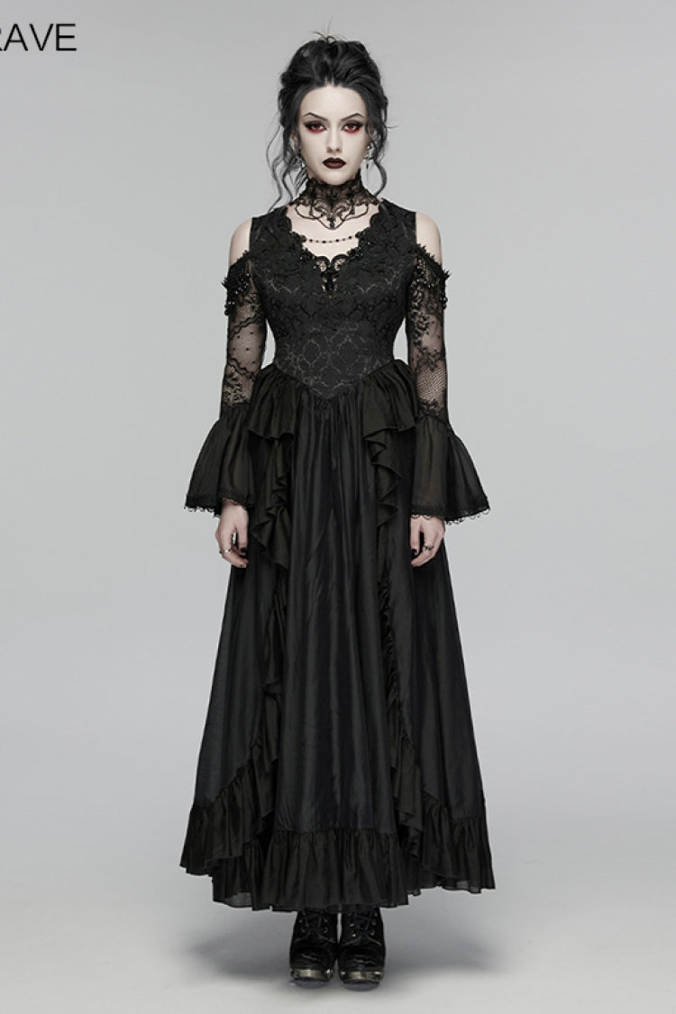 V Collar Trumpet Sleeve Double-Layered Hanayome Cut-Out Lace Lace-Up Pearl Pleated Gothic Palace Dress