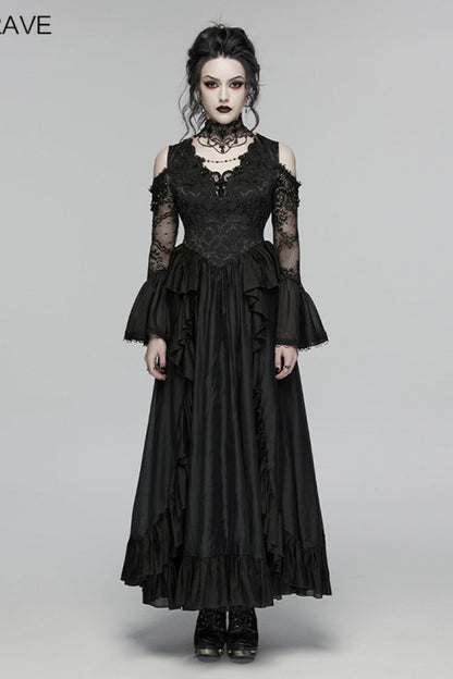 V Collar Trumpet Sleeve Double-Layered Hanayome Cut-Out Lace Lace-Up Pearl Pleated Gothic Palace Dress
