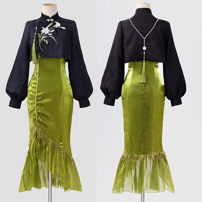 Pearl Dress Pieces Tassel Embroidery Top Two Vintage Flower