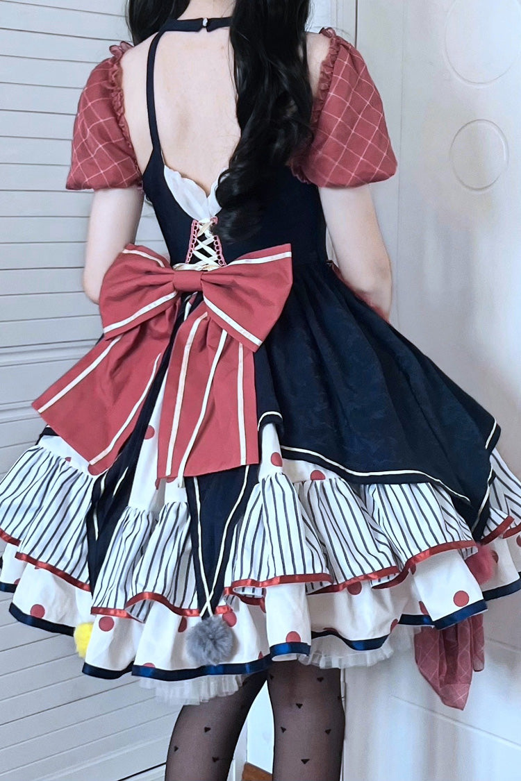 Circus Theme Short-Sleeved Layered Print Ruffled Bow Sweet Dress