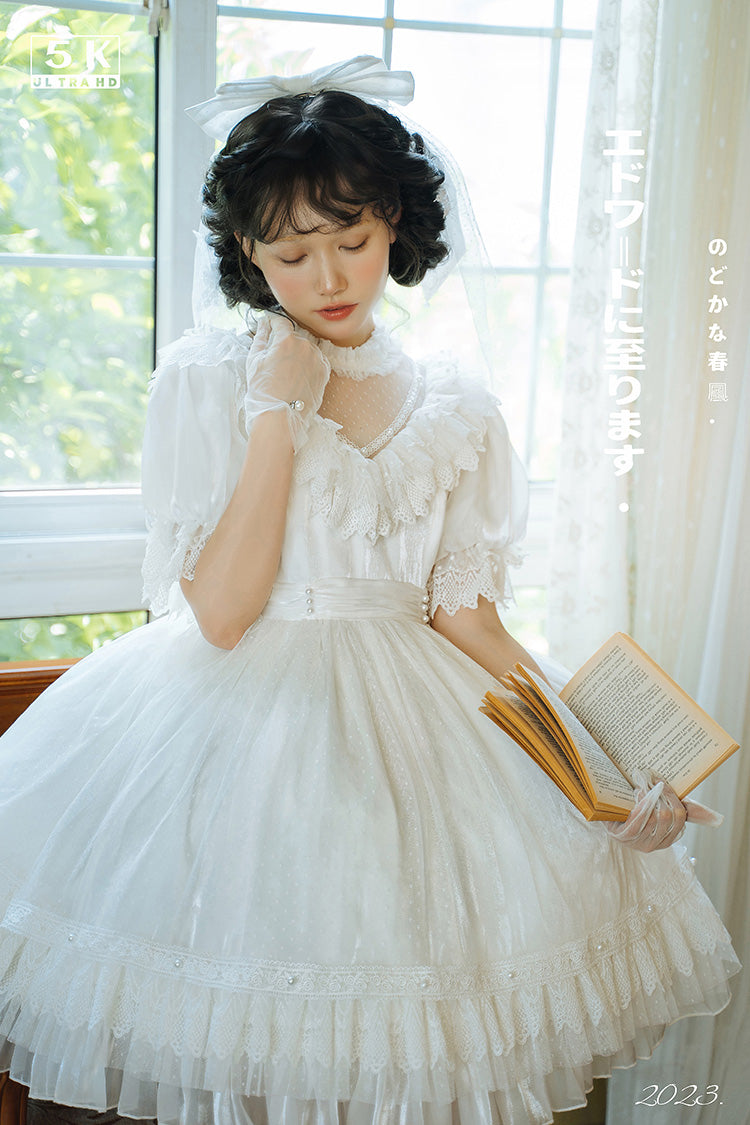 Ivory Multi-Layered Ruffled Hollow Bow Lace Vintage Lolita Dress