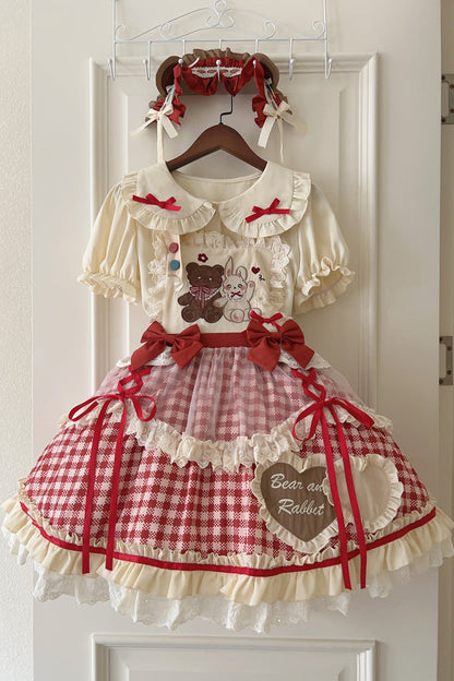 Rabbit Bear Plaid Ruffle Bow Sweet Lolita Skirt with Blouse