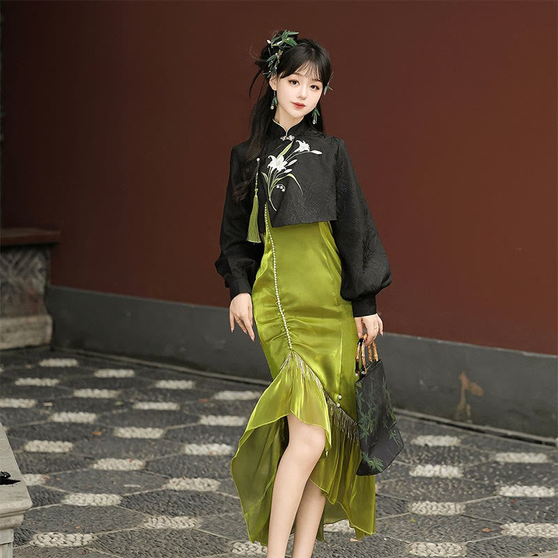 Pearl Dress Pieces Tassel Embroidery Top Two Vintage Flower