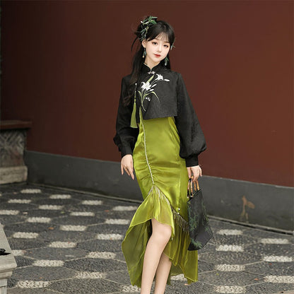 Pearl Dress Pieces Tassel Embroidery Top Two Vintage Flower