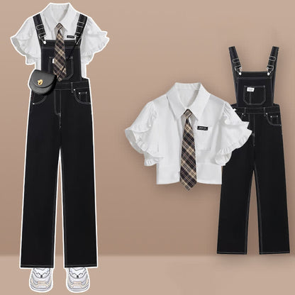 Overalls Denim Tie T-Shirt Pocket Lapel Set