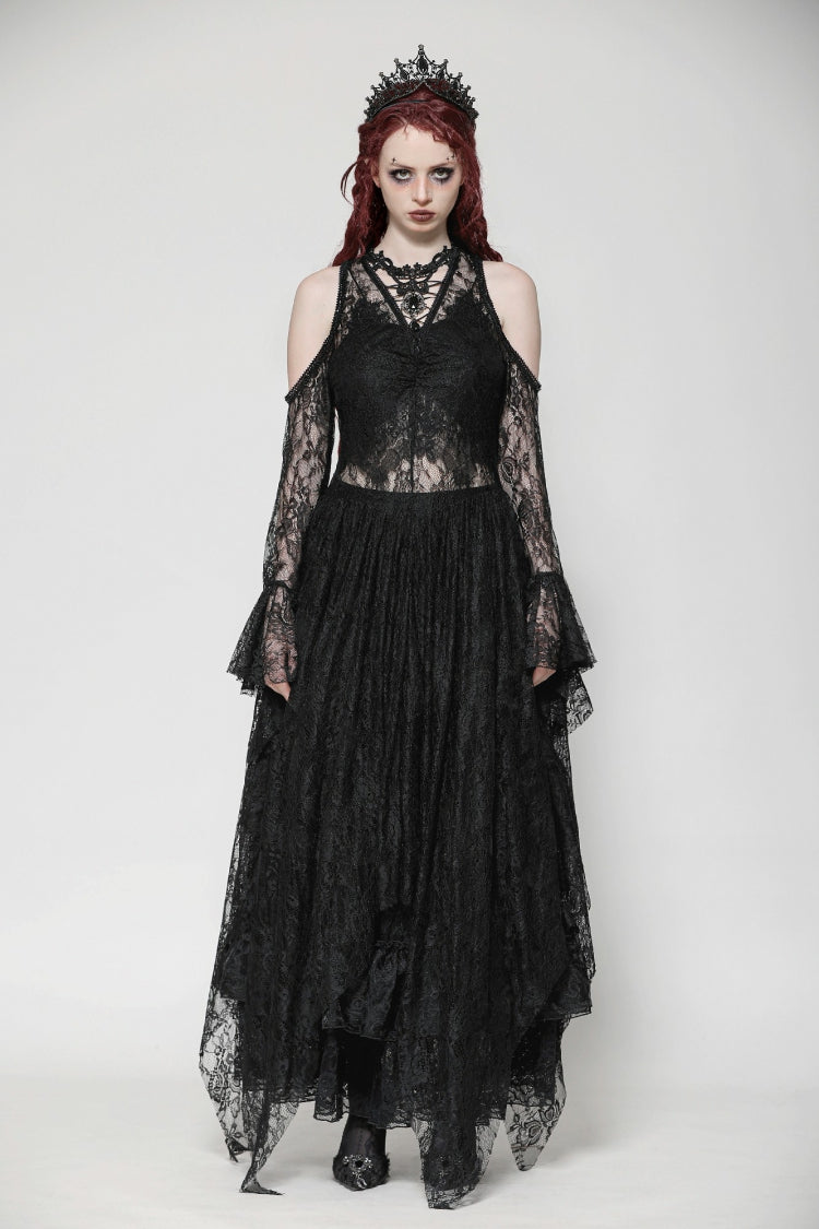 Off Shoulder Long Sleeve Gothic Irregular Lace Wedding Dress