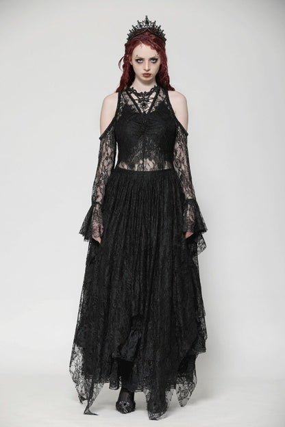 Off Shoulder Long Sleeve Gothic Irregular Lace Wedding Dress