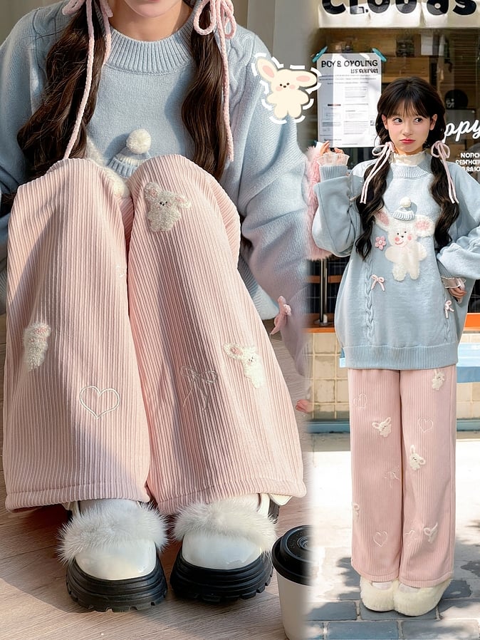 Pink Plush Bunnies Straight-leg Cut Pants