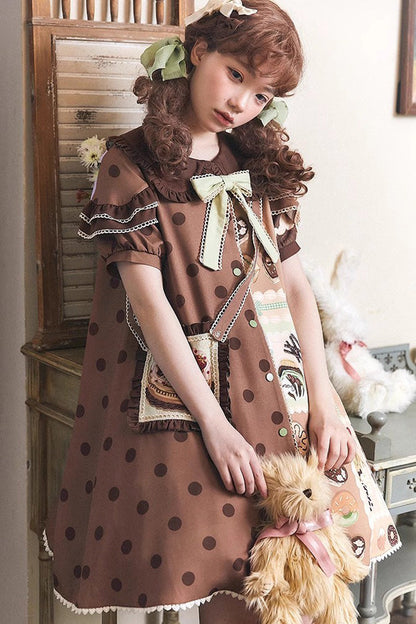 Chocolate Dessert Print Short-Sleeve Ruffled Bowknot Sweet Lolita Dress in Two Tones