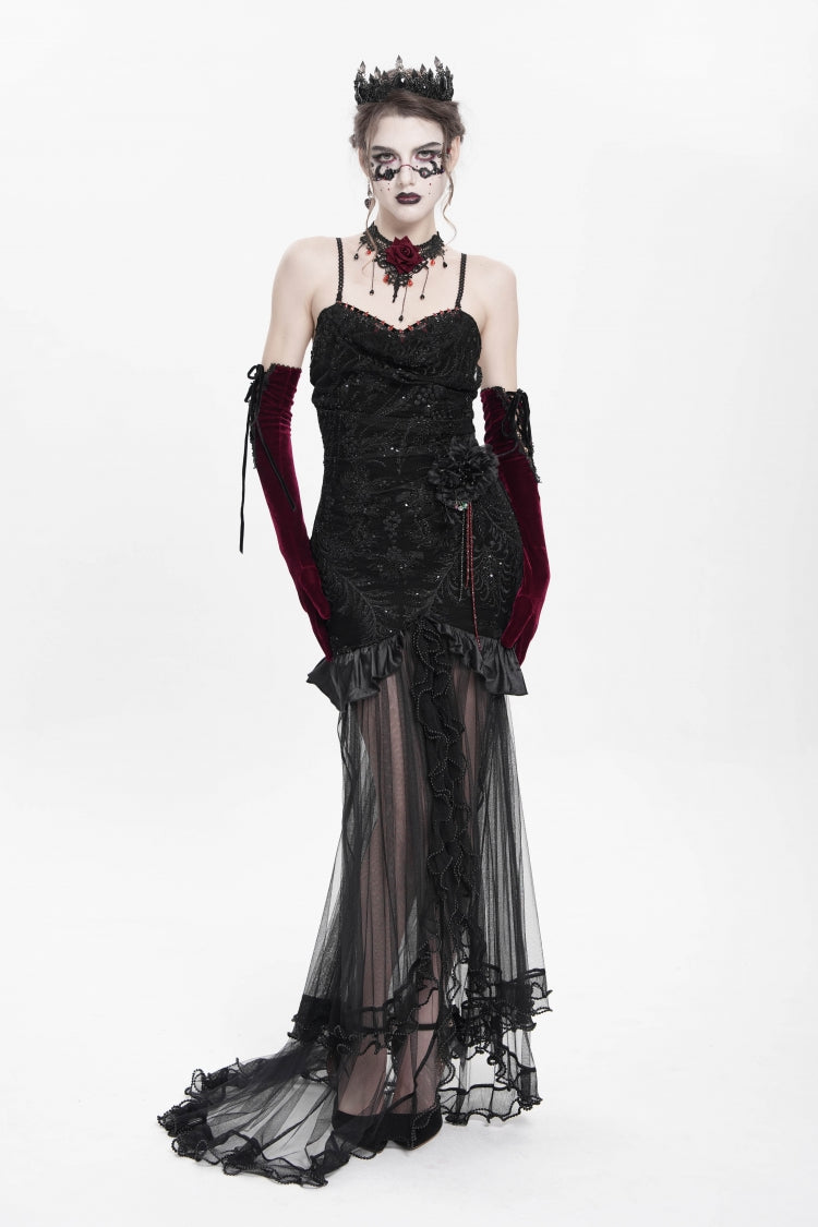 Floral Embroidery Mesh Hem Gothic Long Slip Dress
