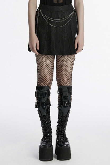 Chain-Adorned Pleated Punk Skirt with Lace Trim